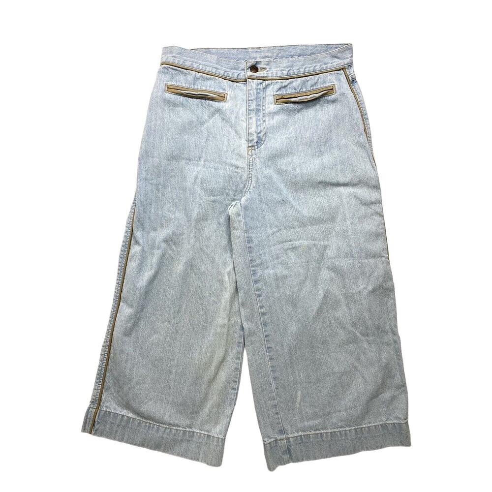 Vintage 90s BILL BLASS Light Wash Faux Leather Trim Wide Leg Crop Jeans Size 6